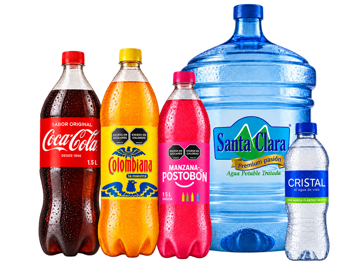 Coca-Cola, Colombiana, Postobón Manzana, botellón Santa Clara y agua Cristal
