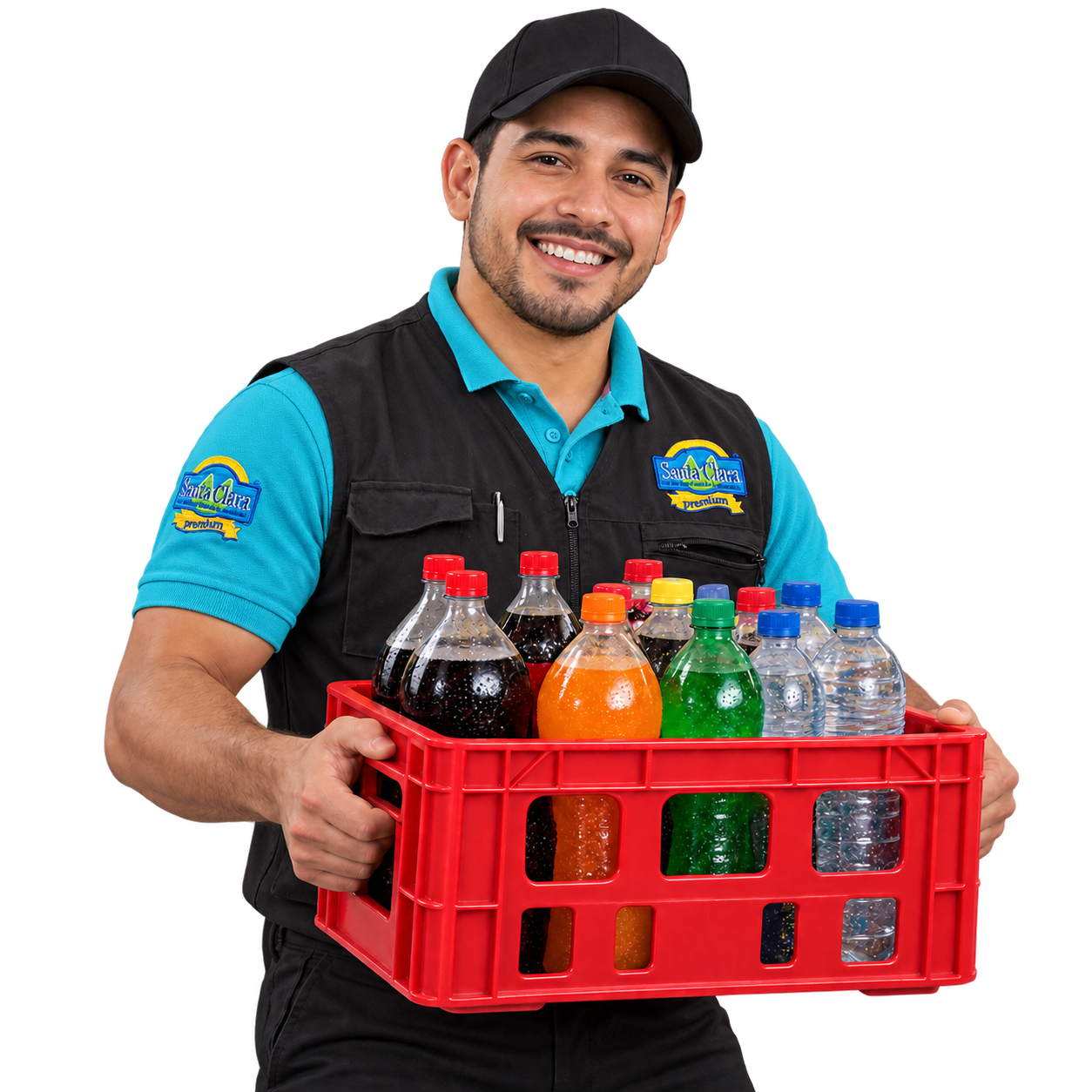 Repartidor sonriente con uniforme turquesa y chaleco Santa Clara entregando una canasta de bebidas